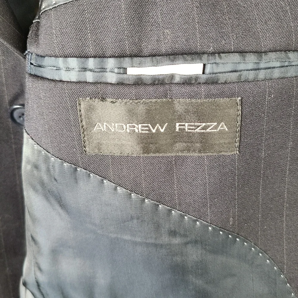 Andrew Fezza Jacket Men 44R Blue Stripe Blazer Worsted Wool Super 100s Suit Coat